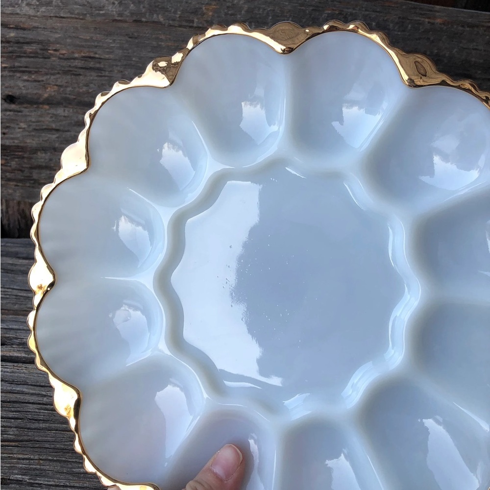 Milk Glass vintage Egg dish Fire-King Anchor Hocking deviled egg plate gold trim - Picture 5 of 11